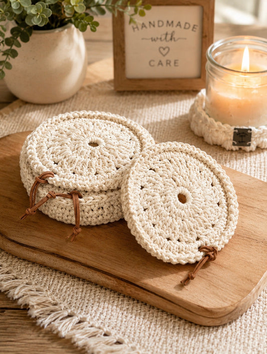 Rustic crochet coasters with matching holder-Set of 4 coasters